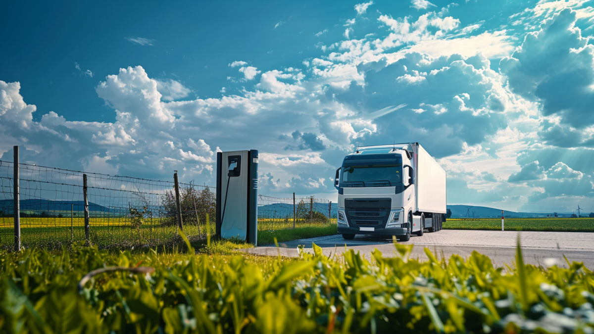 Moderner Elektro-Lkw an Ladestation auf europäischer Landstraße, umgeben von grünen Feldern, Drahtzaun und Windturbinen im Hintergrund, klarer blauer Himmel mit weißen Wolken, symbolisiert nachhaltige Logistik in der EU.