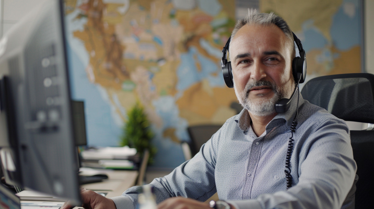 Das Bild zeigt einen älteren Mann als Bürokraft mit grauem Haar und Bart, der ein Headset trägt. Er sitzt an einem Schreibtisch in einem Büro, vor einem Computerbildschirm. Im Hintergrund ist eine große Weltkarte an der Wand zu sehen, was auf eine Arbeitsumgebung im Bereich der Logistik oder Disposition hindeutet. Der Mann scheint konzentriert und freundlich, möglicherweise spricht er gerade mit einem Kunden oder Kollegen