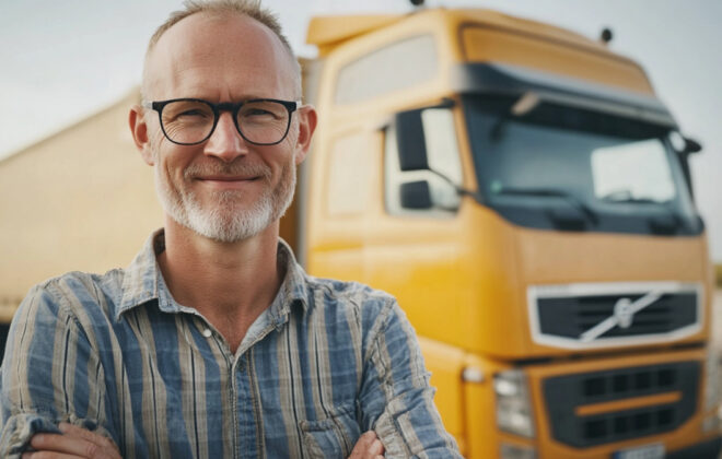 Lkw-Fahrer der vor einem gelben Lkw steht, der Mann trägt ein Brille und hat die Arme vor der Brust verschränkt