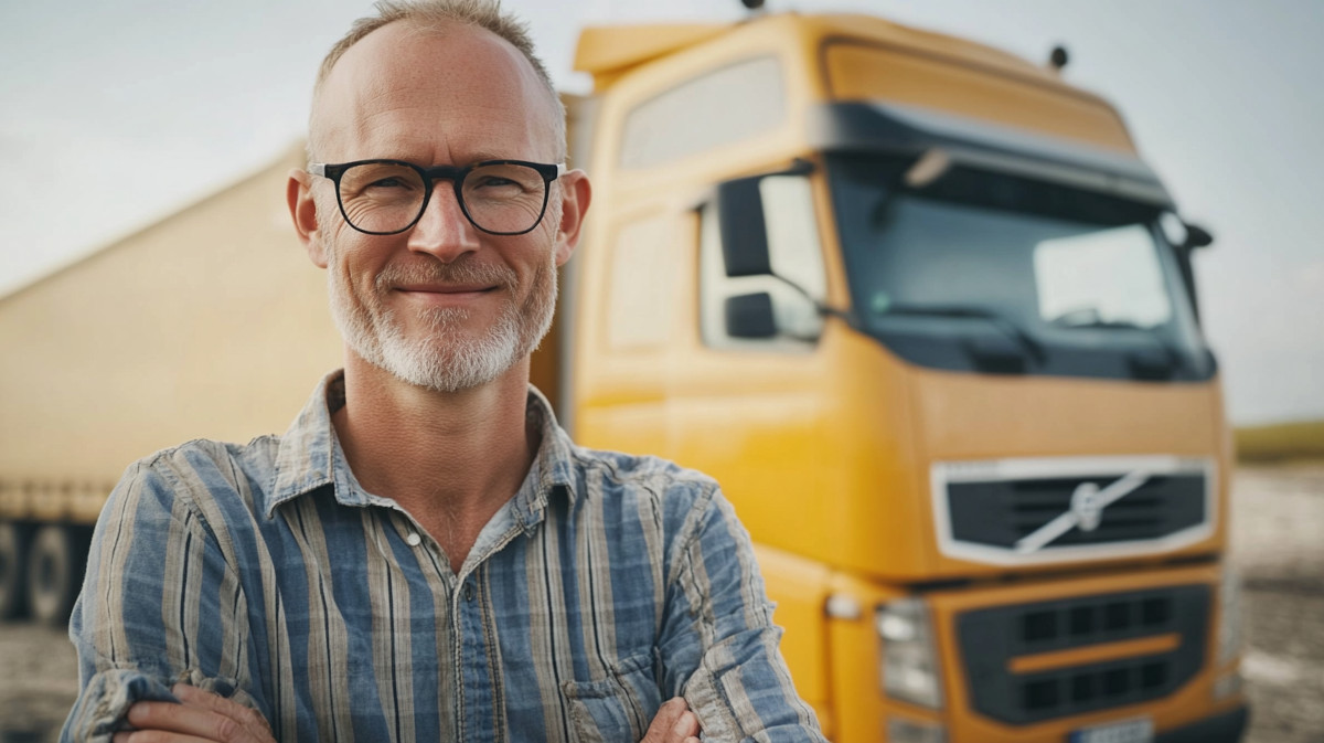 Lkw-Fahrer der vor einem gelben Lkw steht, der Mann trägt ein Brille und hat die Arme vor der Brust verschränkt